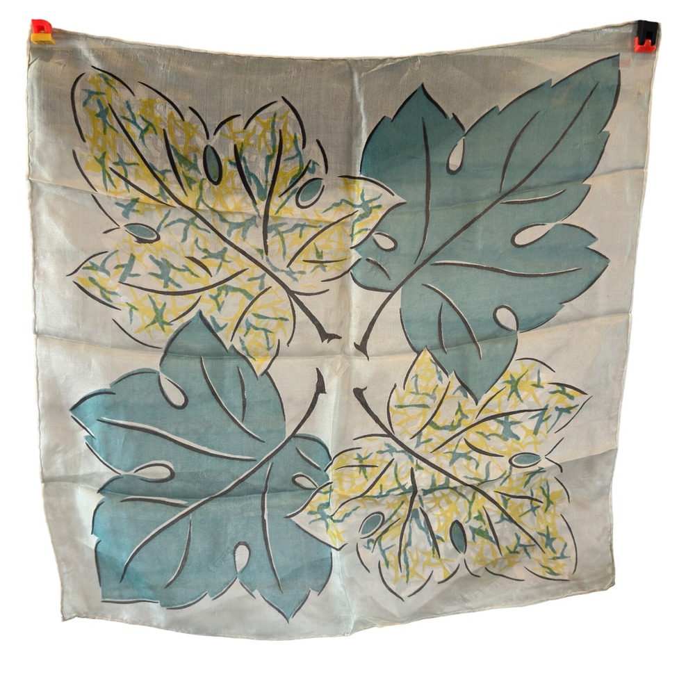 Vintage Silk Scarf Teal Yellow Leaf Print Hand Rolled 17 Inch Square Mid Century